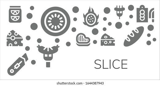 Modern Simple Set of slice Vector filled Icons. Contains such as Lemonade, Kiwi, Cheese, Steak, Cutter, Dragon fruit, Sausage and more Fully Editable and Pixel Perfect icons.