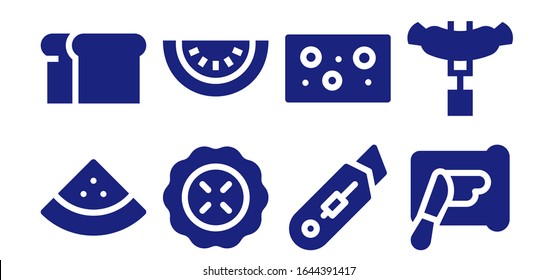 Modern Simple Set of slice Vector filled Icons. Contains such as Watermelon, Bread, Pie, Cutter, Cheese, Spreading, Sausage and more Fully Editable and Pixel Perfect icons.
