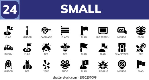 Modern Simple Set of small Vector filled Icons. Contains such as Flag, Mirror, Carriage, Flags, Big screen, Frog, Buggy, Bee, Sharpener and more Fully Editable and Pixel Perfect icons.