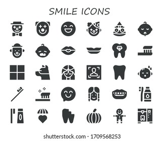 Modern Simple Set of smile Vector filled Icons. Contains such as Clown, Happy, Toad, Baby, Kiss, Lips, Tooth, Toothbrush, Delicious and more Fully Editable and Pixel Perfect icons.