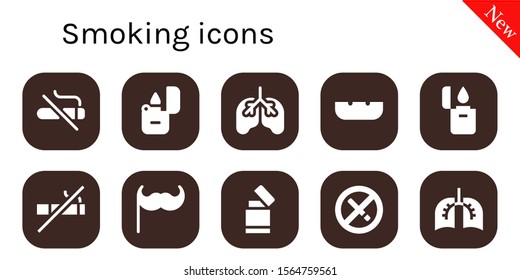 Modern Simple Set of smoking Vector filled Icons. Contains such as No smoking, Lighter, Lungs, Ashtray, Moustache and more Fully Editable and Pixel Perfect icons.
