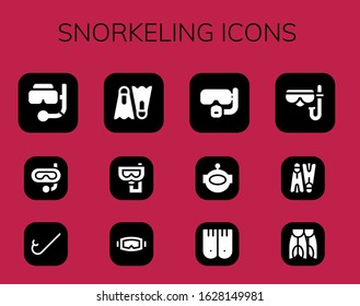 Modern Simple Set of snorkeling Vector filled Icons. Contains such as Snorkel, Dive, Diving mask, Aqualung, Flippers and more Fully Editable and Pixel Perfect icons.