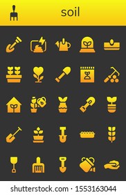 Modern Simple Set of soil Vector filled Icons. Contains such as Shovel, Rake, Compost, Watering can, Plant, Sow, Plants, Fertilizer and more Fully Editable and Pixel Perfect icons.