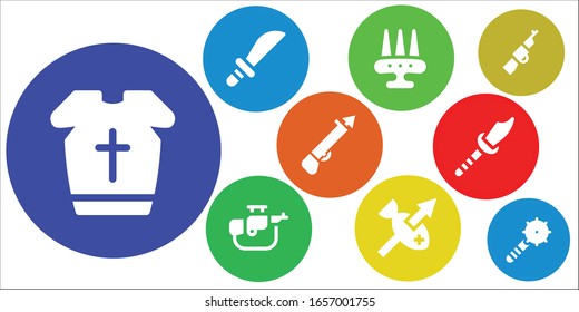 Modern Simple Set of soldier Vector filled Icons. Contains such as Armour, Weapons, Weapon, Rifle, Spear and more Fully Editable and Pixel Perfect icons.