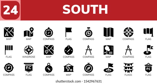 Modern Simple Set of south Vector filled Icons. Contains such as Map, Compass, Flag, Windrose, Flags and more Fully Editable and Pixel Perfect icons.