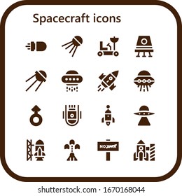 Modern Simple Set of spacecraft Vector filled Icons. Contains such as Missile, Sputnik, Moon rover, Space capsule, Ufo, Rocket and more Fully Editable and Pixel Perfect icons.