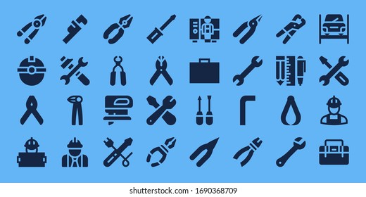 Modern Simple Set of spanner Vector filled Icons. Contains such as Plier, Worker, Pliers, Wrench, Tools, Fretsaw, Screwdriver and more Fully Editable and Pixel Perfect icons.