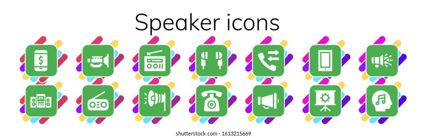 Modern Simple Set of speaker Vector filled Icons. Contains such as Phone, Loudspeaker, Jazz, Radio, Megaphone, Earphones, Call and more Fully Editable and Pixel Perfect icons.