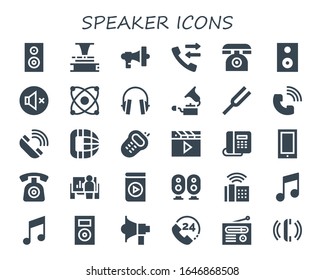 Modern Simple Set of speaker Vector filled Icons. Contains such as Woofer, Phonograph, Megaphone, Call, Phone, Speaker, Mute, Electron and more Fully Editable and Pixel Perfect icons.