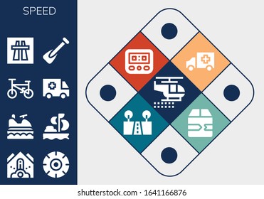 Modern Simple Set of speed Vector filled Icons. Contains such as Helicopter, Falling debris, Wheel, Jet ski, Sailing, Bicycle and more Fully Editable and Pixel Perfect icons.