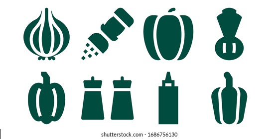 Modern Simple Set of spice Vector filled Icons. Contains such as Pepper, Onion, Salt, Sauce, Chives and more Fully Editable and Pixel Perfect icons.