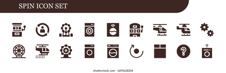 Modern Simple Set of spin Vector filled Icons. Contains such as Slot machine, Rotate, Ferris wheel, Washing machine, Helicopter and more Fully Editable and Pixel Perfect icons.