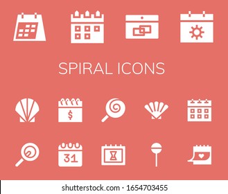 Modern Simple Set of spiral Vector filled Icons. Contains such as Calendar, Lollipop, Seashell, Shell and more Fully Editable and Pixel Perfect icons.