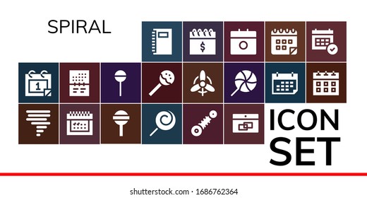 Modern Simple Set of spiral Vector filled Icons. Contains such as Notebook, Calendar, Tornado, Lollipop, Suspension, Wind and more Fully Editable and Pixel Perfect icons.