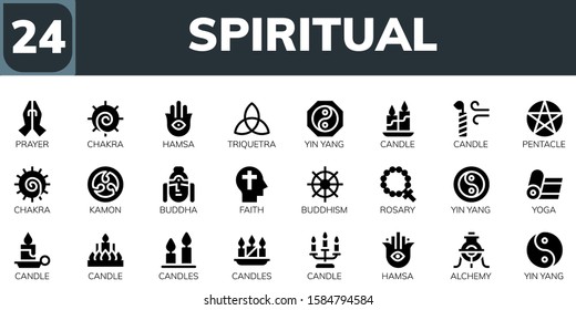 Modern Simple Set of spiritual Vector filled Icons. Contains such as Prayer, Chakra, Hamsa, Triquetra, Yin yang, Candle, Pentacle and more Fully Editable and Pixel Perfect icons.