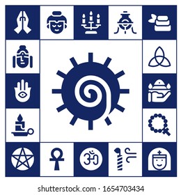Modern Simple Set of spiritual Vector filled Icons. Contains such as Prayer, Buddha, Hamsa, Chakra, Candle, Triquetra, Pray, Rosary and more Fully Editable and Pixel Perfect icons.