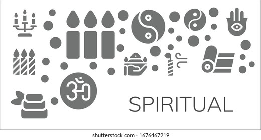 Modern Simple Set of spiritual Vector filled Icons. Contains such as Candle, Candles, Pray, Zen, Yin yang, Om, Yoga, Hamsa and more Fully Editable and Pixel Perfect icons.