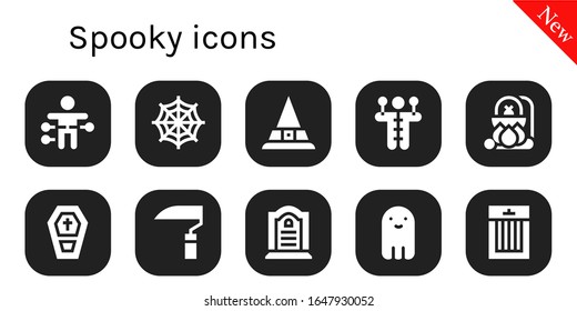 Modern Simple Set of spooky Vector filled Icons. Contains such as Voodoo doll, Spider web, Witch, Cauldron, Coffin, Scythe, Tombstone and more Fully Editable and Pixel Perfect icons.