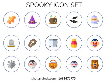 Modern Simple Set of spooky Vector flat Icons. Contains such as voodoo, tombstone, witch hat, coffin, cauldron, bat, candy corn and more Fully Editable and Pixel Perfect icons.
