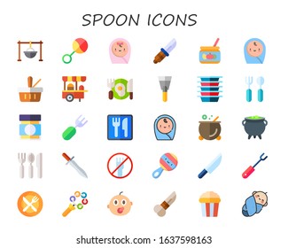 Modern Simple Set of spoon Vector flat Icons. Contains such as cooking, rattle, baby, knife, picnic, salty, dinner, spatula, plates and more Fully Editable and Pixel Perfect icons.