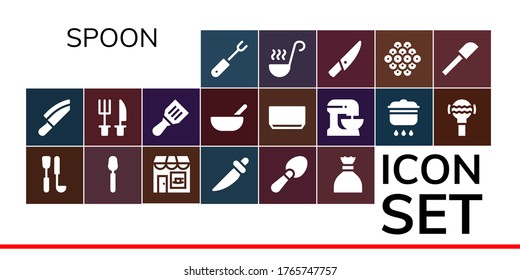 Modern Simple Set of spoon Vector filled Icons. Contains such as Fork, Knife, Soup ladle, Spoon, Coffee shop, Scoop, Sugar, Cutlery and more Fully Editable and Pixel Perfect icons.