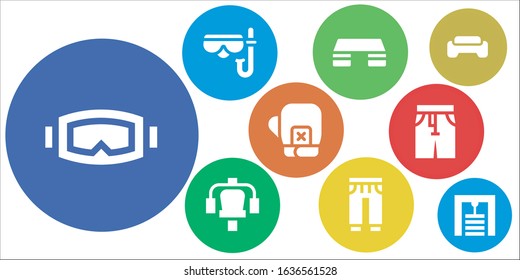 Modern Simple Set of sportswear Vector filled Icons. Contains such as Diving mask, Fitness step, Gym station, Sweatpants, Boxing gloves and more Fully Editable and Pixel Perfect icons.
