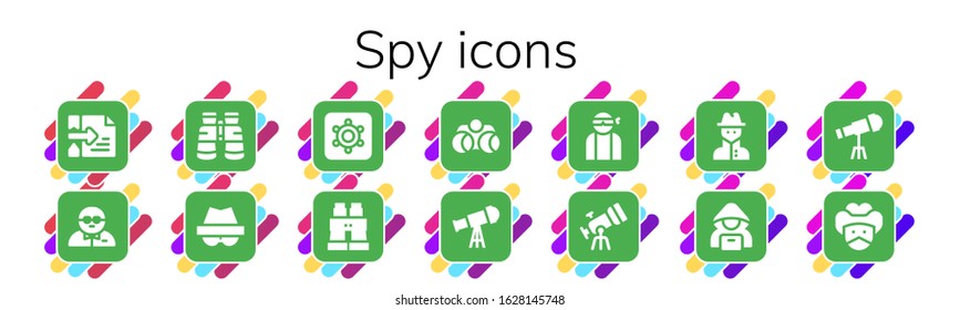 Modern Simple Set of spy Vector filled Icons. Contains such as Hacker, Bodyguard, Binoculars, Hidden camera, Telescope, Spy, Bandit and more Fully Editable and Pixel Perfect icons.