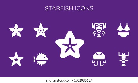 Modern Simple Set of starfish Vector filled Icons. Contains such as Starfish, Puffer fish, Lobster, Swimsuit, Jellyfish and more Fully Editable and Pixel Perfect icons.