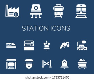 Modern Simple Set of station Vector filled Icons. Contains such as Factory, Space capsule, Train, Bus stop, Police, Radio, Police line and more Fully Editable and Pixel Perfect icons.