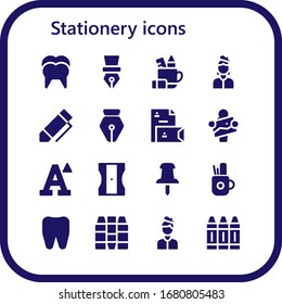 Moderno y simple conjunto de diseños de fondo Iconos rellenos de vectores. Contiene como Diente, Pluma, Maletín, Artista, Stationery, Font, Sharpener y más iconos Totalmente Editables y Pixel Perfect.