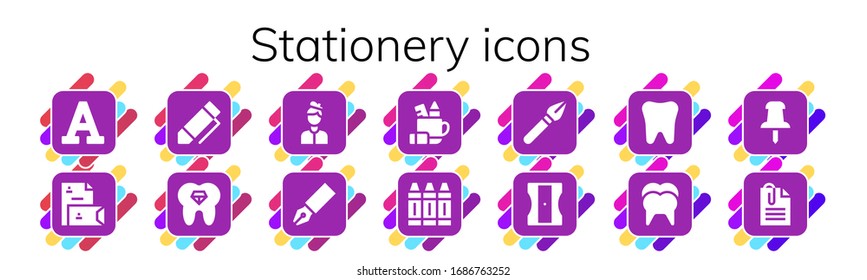 Modern Simple Set of stationery Vector filled Icons. Contains such as Font, Stationery, Pen, Tooth, Artist, Pencil case, Crayon and more Fully Editable and Pixel Perfect icons.