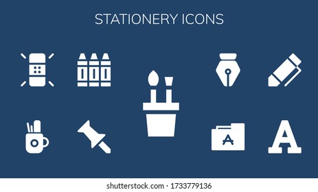 Modern Simple Set of stationery Vector filled Icons. Contains such as Pencil case, Push pin, Crayon, Eraser, Font, Pen and more Fully Editable and Pixel Perfect icons.