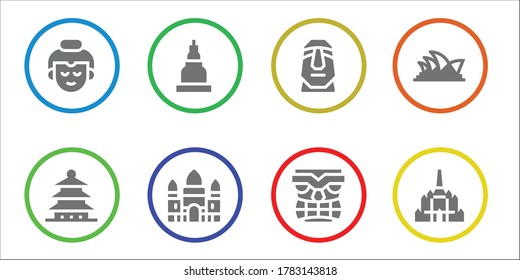 Modern Simple Set of statue Vector filled Icons. Contains such as Buddha, Pagoda, Temple, Angkor wat, Moai, Tiki and more Fully Editable and Pixel Perfect icons.