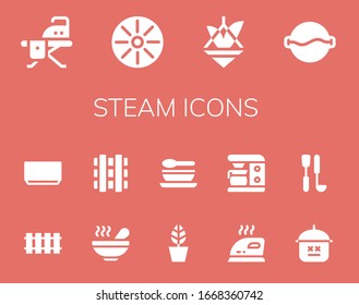 Modern Simple Set of steam Vector filled Icons. Contains such as Ironing board, Pan, Pot, Soup, Railway, Iron, Coffee maker, Soup ladle and more Fully Editable and Pixel Perfect icons.