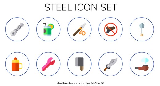 Moderno Conjunto simple de Iconos planos vectores de acero. Contiene tales como suspensión, termo, lata, llave, lanza, limpiador, no armas, espada y más íconos totalmente editables y Pixel Perfect.