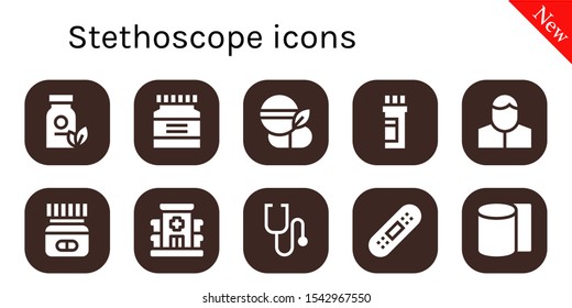 Modern Simple Set of stethoscope Vector filled Icons. Contains such as Medicine, Pharmacist, Hospital, Stethoscope, Bandage, Bandages and more Fully Editable and Pixel Perfect icons.