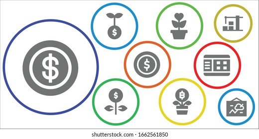 Modern Simple Set of stock Vector filled Icons. Contains such as Coin, Growth, Graph, Warehouse, Chart and more Fully Editable and Pixel Perfect icons.