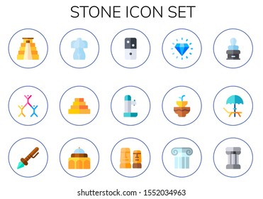 Modern Simple Set of stone Vector flat Icons. Contains such as pyramid, sculpture, dominoes, fountain, diamond, statue, deck, prehistoric and more Fully Editable and Pixel Perfect icons.