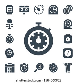 Modern Simple Set of stopwatch Vector filled Icons. Contains such as Watch, Exercise, Stopwatch, Time, Clocks, Clock, Gym, Scoreboard and more Fully Editable and Pixel Perfect icons.