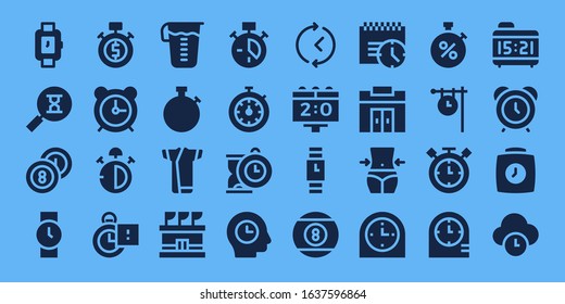 Modern Simple Set of stopwatch Vector filled Icons. Contains such as Wristwatch, Sandclock, Billiards, Stopwatch, Alarm clock and more Fully Editable and Pixel Perfect icons.