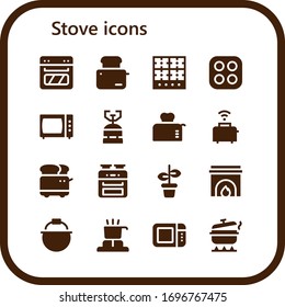 Modern Simple Set of stove Vector filled Icons. Contains such as Oven, Toaster, Burner, Stove, Microwave, Camping gas, Pot, Fireplace and more Fully Editable and Pixel Perfect icons.