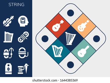 Modern Simple Set of string Vector filled Icons. Contains such as Harp, Price tag, Thread, Rope, Violin, Memorize, Electric guitar and more Fully Editable and Pixel Perfect icons.