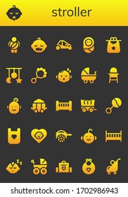Modern Simple Set of stroller Vector filled Icons. Contains such as Childhood, Baby, Buggy, Bib, Crib toy, Rattle, Stroller, Baby chair and more Fully Editable and Pixel Perfect icons.