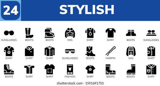Modern Simple Set of stylish Vector filled Icons. Contains such as Sunglasses, Boots, Wig, Shirt, Hairpin, Fashion and more Fully Editable and Pixel Perfect icons.