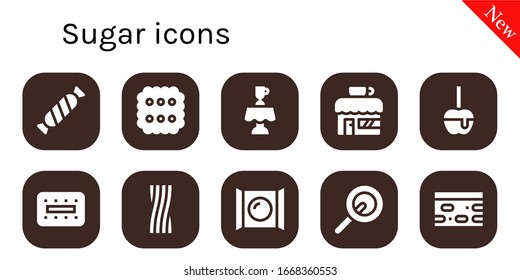 Modern Simple Set of sugar Vector filled Icons. Contains such as Candy, Biscuit, Latte, Coffee shop, Caramelized apple, Liquorice and more Fully Editable and Pixel Perfect icons.