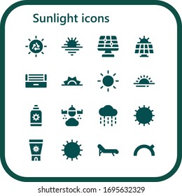 Modern Simple Set of sunlight Vector filled Icons. Contains such as Sun, Sunset, Solar panel, Ultraviolet, Sunrise, Sun cream and more Fully Editable and Pixel Perfect icons.
