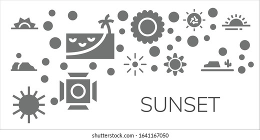 Modern Simple Set of sunset Vector filled Icons. Contains such as Sunrise, Beach, Desert, Brightness, Sun, Scenic Illumination and more Fully Editable and Pixel Perfect icons.