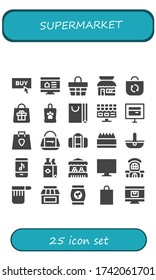Moderno y simple conjunto de íconos llenos de vectores de supermercado. Contiene, por ejemplo, Compra, Tienda Online, Cesta, Tienda, Bolsa, Bolsa de Compras, Tienda Online y más iconos Totalmente Editables y Pixel Perfect.