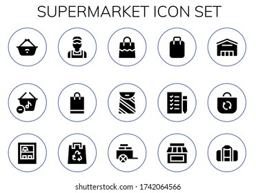 Modern Simple Set of supermarket Vector filled Icons. Contains such as Shopping basket, Basket, Clerk, Shopping bag, Bag, Shopping list and more Fully Editable and Pixel Perfect icons.