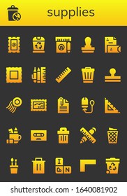 Modern Simple Set of supplies Vector filled Icons. Contains such as Stamp, Trash, Ruler, Stationery, School material, Paperclip and more Fully Editable and Pixel Perfect icons.
